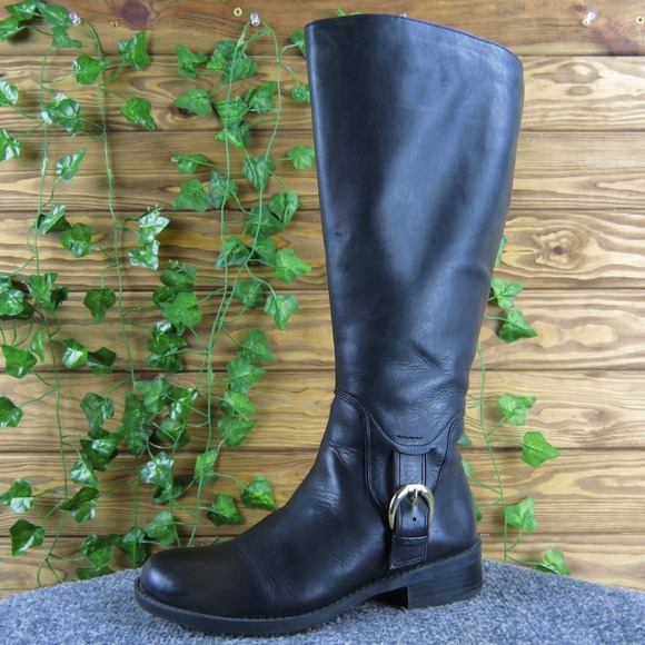 Me Too Dee Wide Calf Black Leather Riding Boot Knee High Buckle Accent Womens 6M - Picture 1 of 8